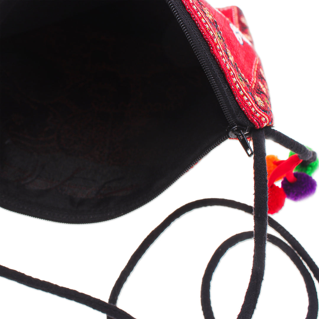 Cotton Blend Elephant-Themed Sling Bag in Red with Pompoms - Elephant Beauty