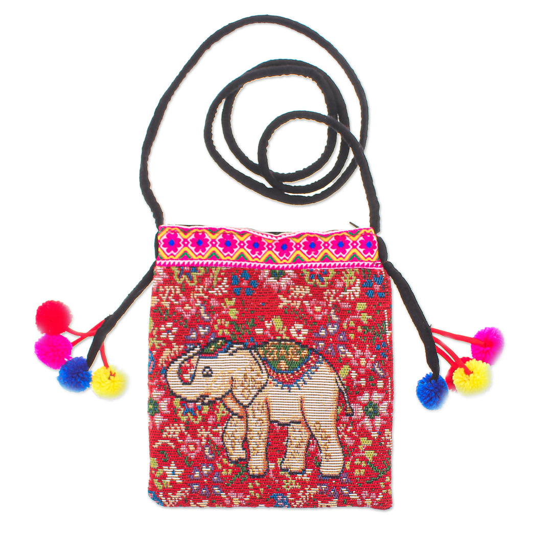 Cotton Blend Elephant & Floral Themed Sling Bag with Pompoms - Elephant Style
