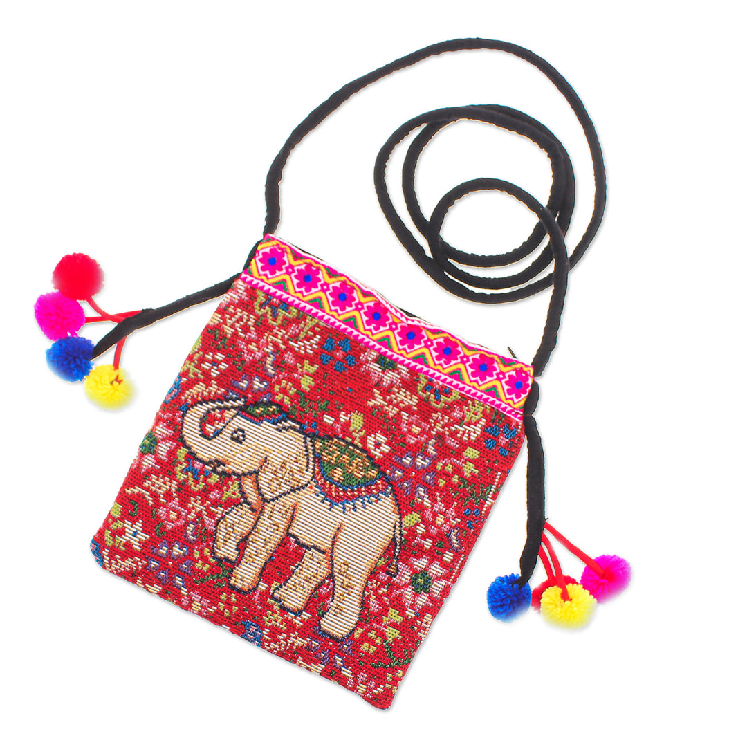 Cotton Blend Elephant & Floral Themed Sling Bag with Pompoms - Elephant Style