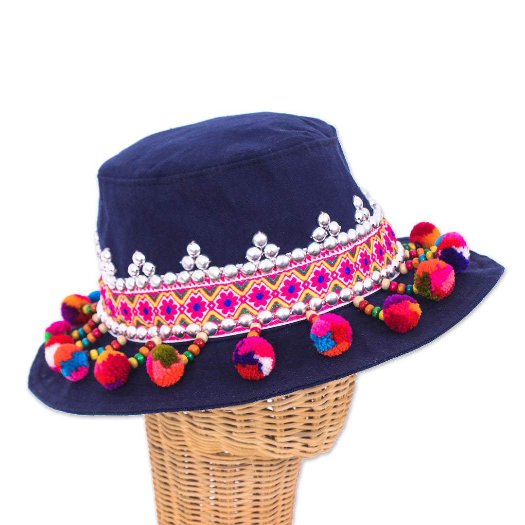 Hill Tribe-Themed Floral Embellished Navy Cotton Hat - Blue Hills