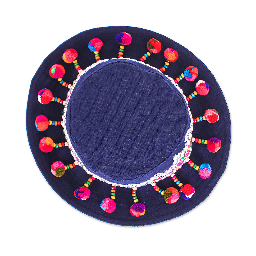 Hill Tribe-Themed Floral Embellished Navy Cotton Hat - Blue Hills