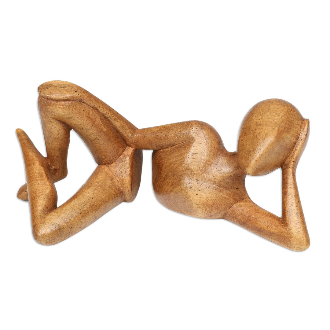 Hand-Carved Semi-Abstract Suar Wood Sculpture from Bali - Brief Repose