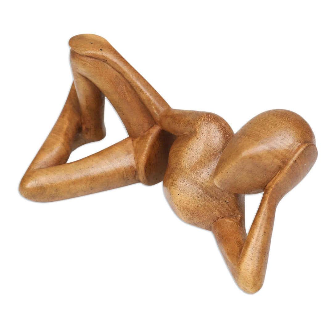 Hand-Carved Semi-Abstract Suar Wood Sculpture from Bali - Brief Repose