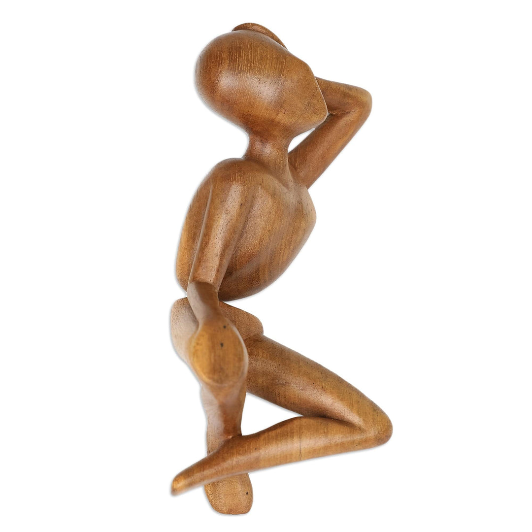 Hand-Carved Semi-Abstract Suar Wood Sculpture from Bali - Brief Repose