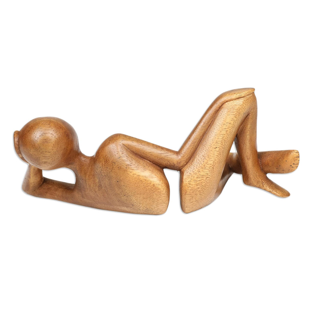 Hand-Carved Semi-Abstract Suar Wood Sculpture from Bali - Brief Repose