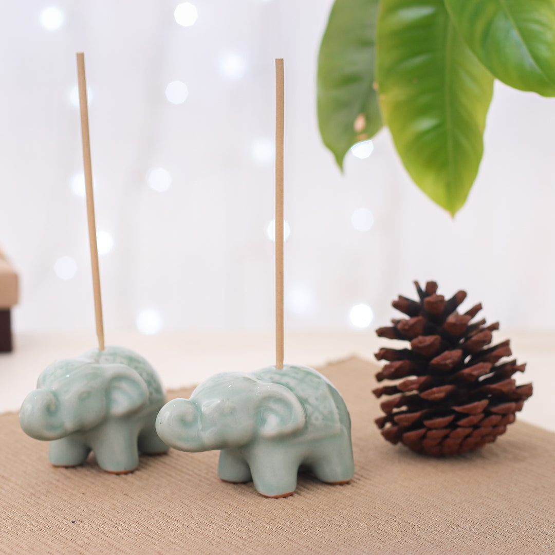 Set of 2 Green Elephant Celadon Ceramic Incense Holders - Giant's Green Aura