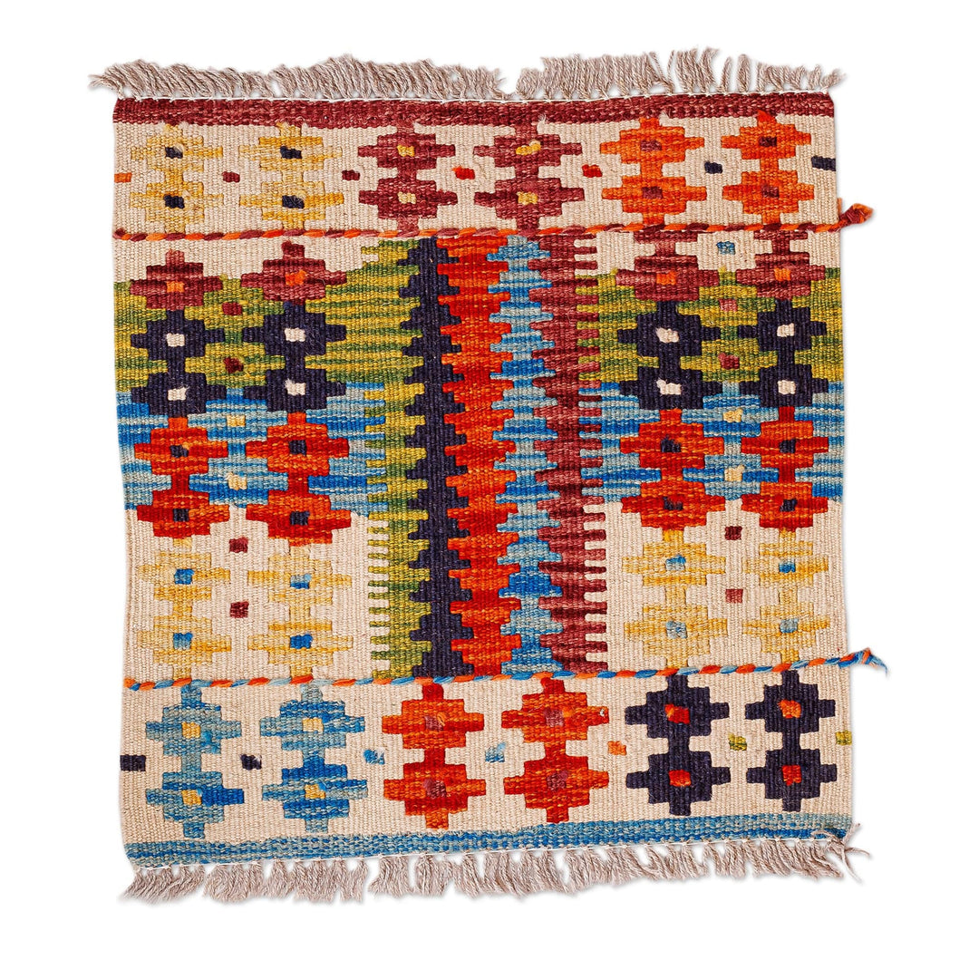 1.5x1.5 Fringed Wool Area Rug Hand-Knotted in Uzbekistan - Trendy Style