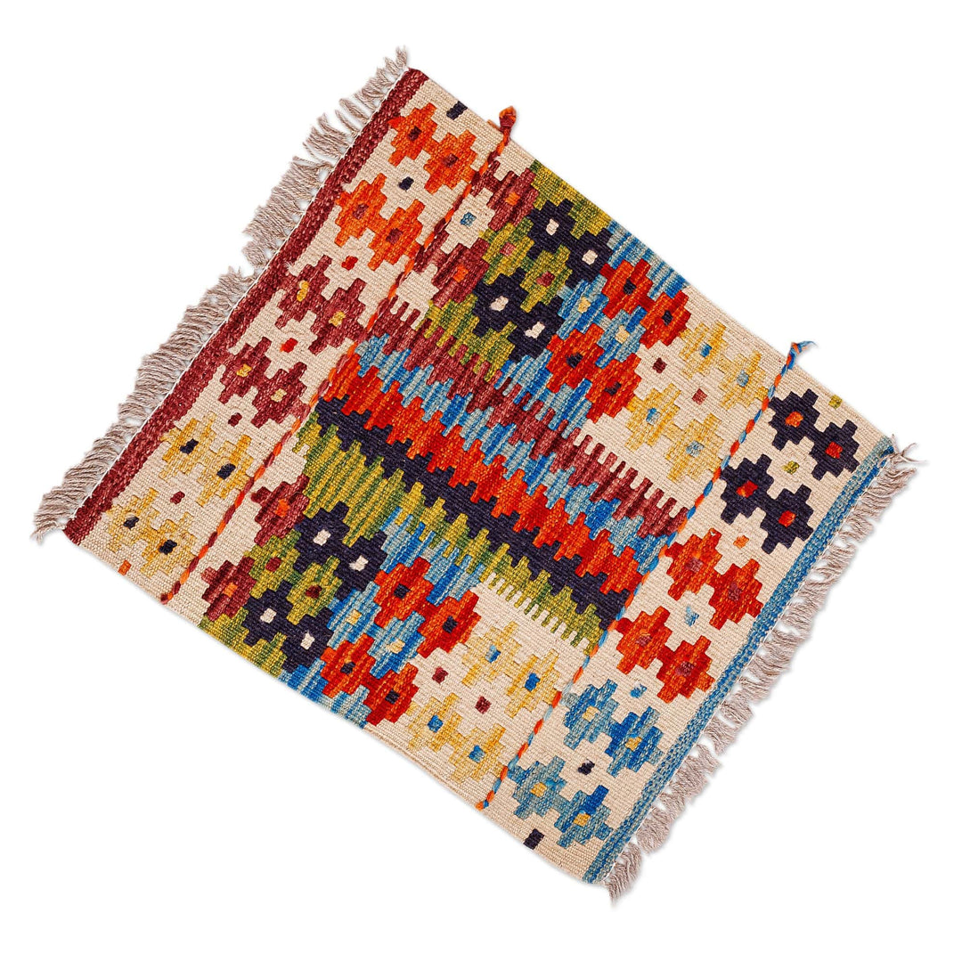 1.5x1.5 Fringed Wool Area Rug Hand-Knotted in Uzbekistan - Trendy Style