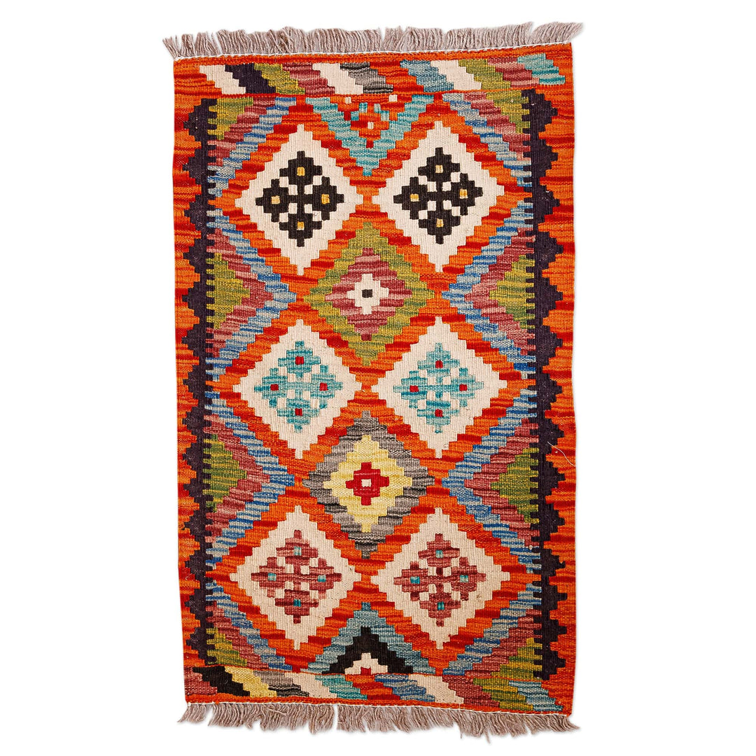 Uzbek Hand-Knotted Rhombus-Themed Wool Area Rug (2x3) - Colorful Rhombuses