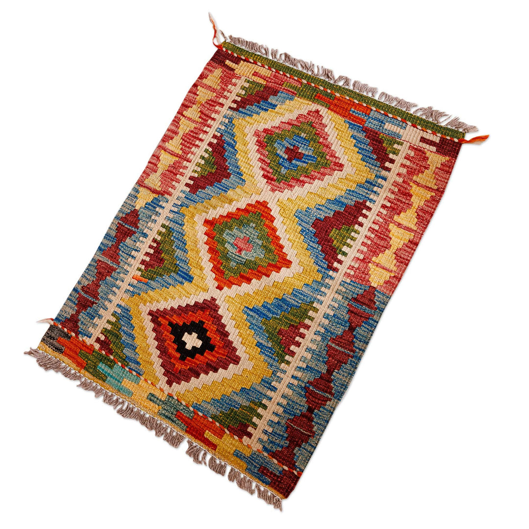 Hand-Knotted Wool Area Rug with Rhombus Patterns (2x2.5) - Delightful Rhombuses