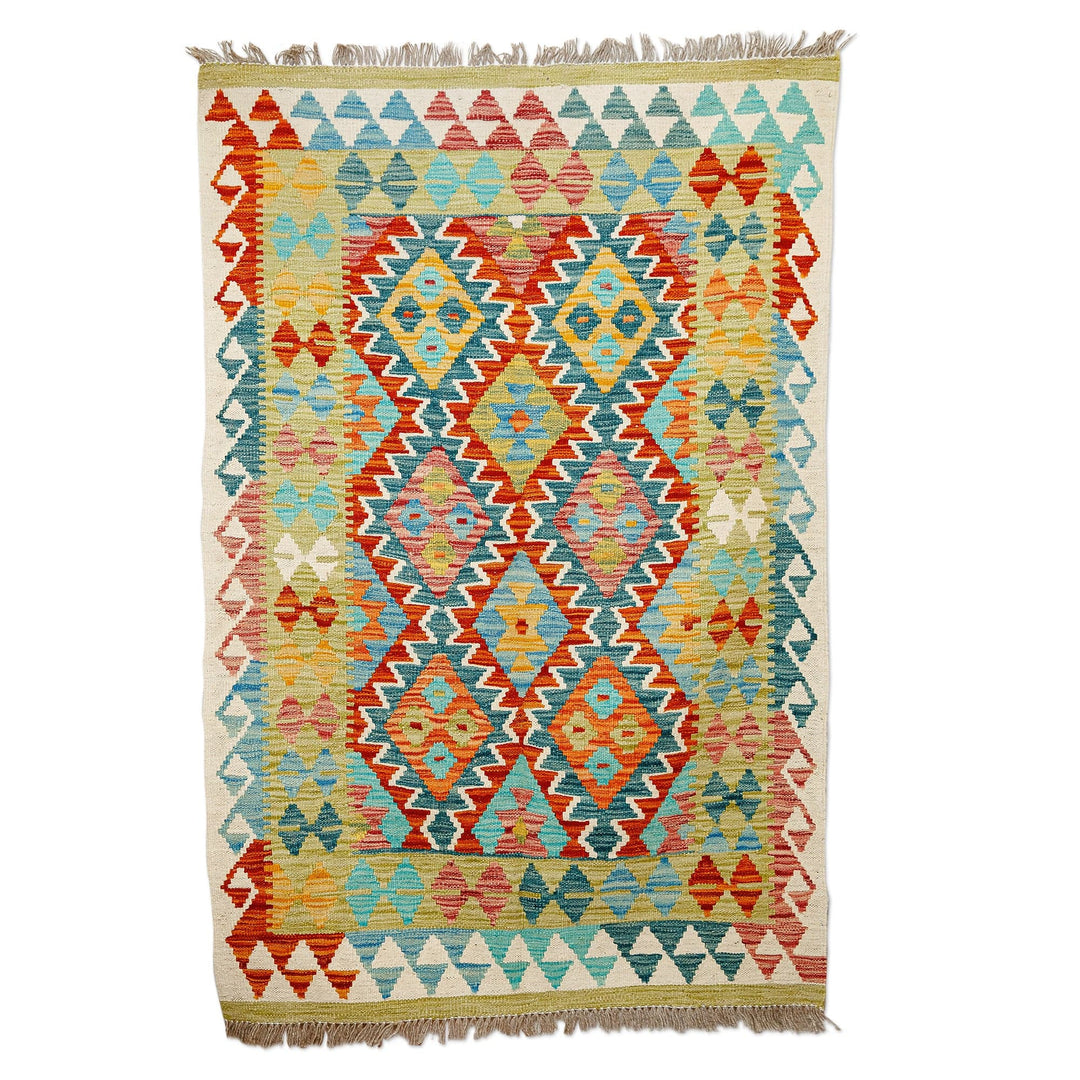 3x5 Rhombus-Themed Wool Area Rug Hand-Knotted in Uzbekistan - Stylish Patterns