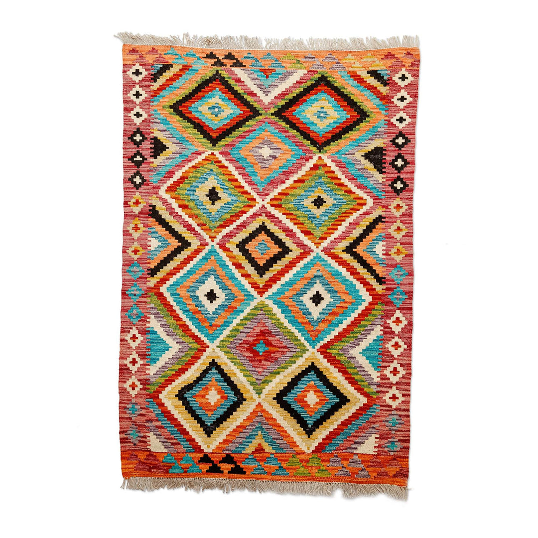 Hand-Knotted Wool Area Rug with Geometric Motifs (3x5) - Rhombus Spectacle