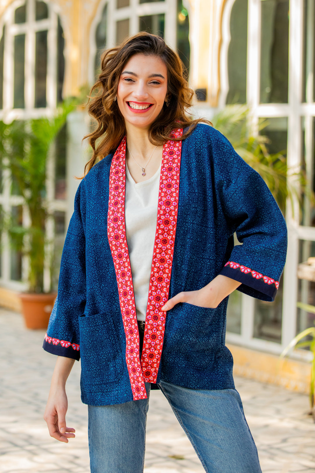 Floral Traditional Batik-Patterned Cotton Kimono Jacket - Hill Flowers