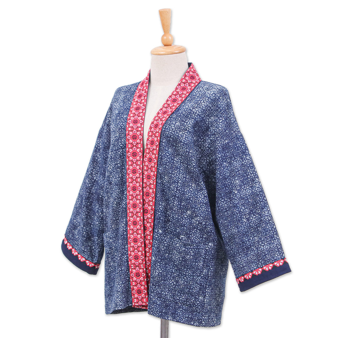 Floral Traditional Batik-Patterned Cotton Kimono Jacket - Hill Flowers