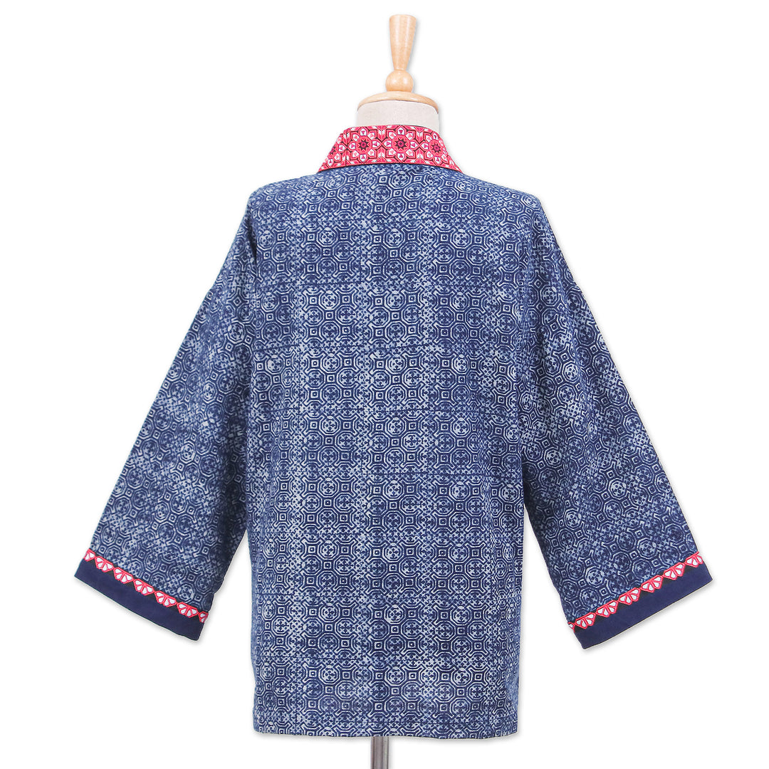 Floral Traditional Batik-Patterned Cotton Kimono Jacket - Hill Flowers