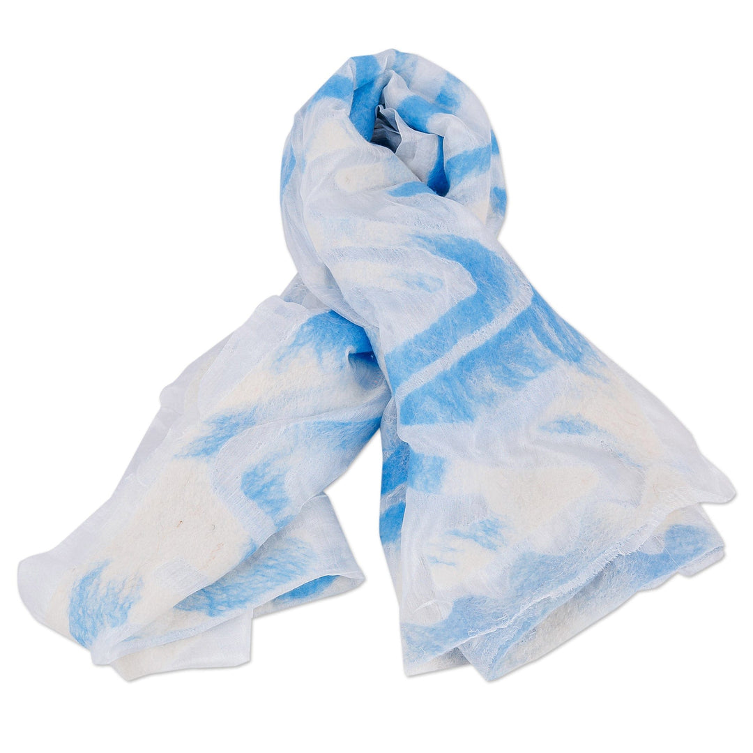Abstract Soft White Silk Scarf with Blue Wool Felt Accents - From Heaven
