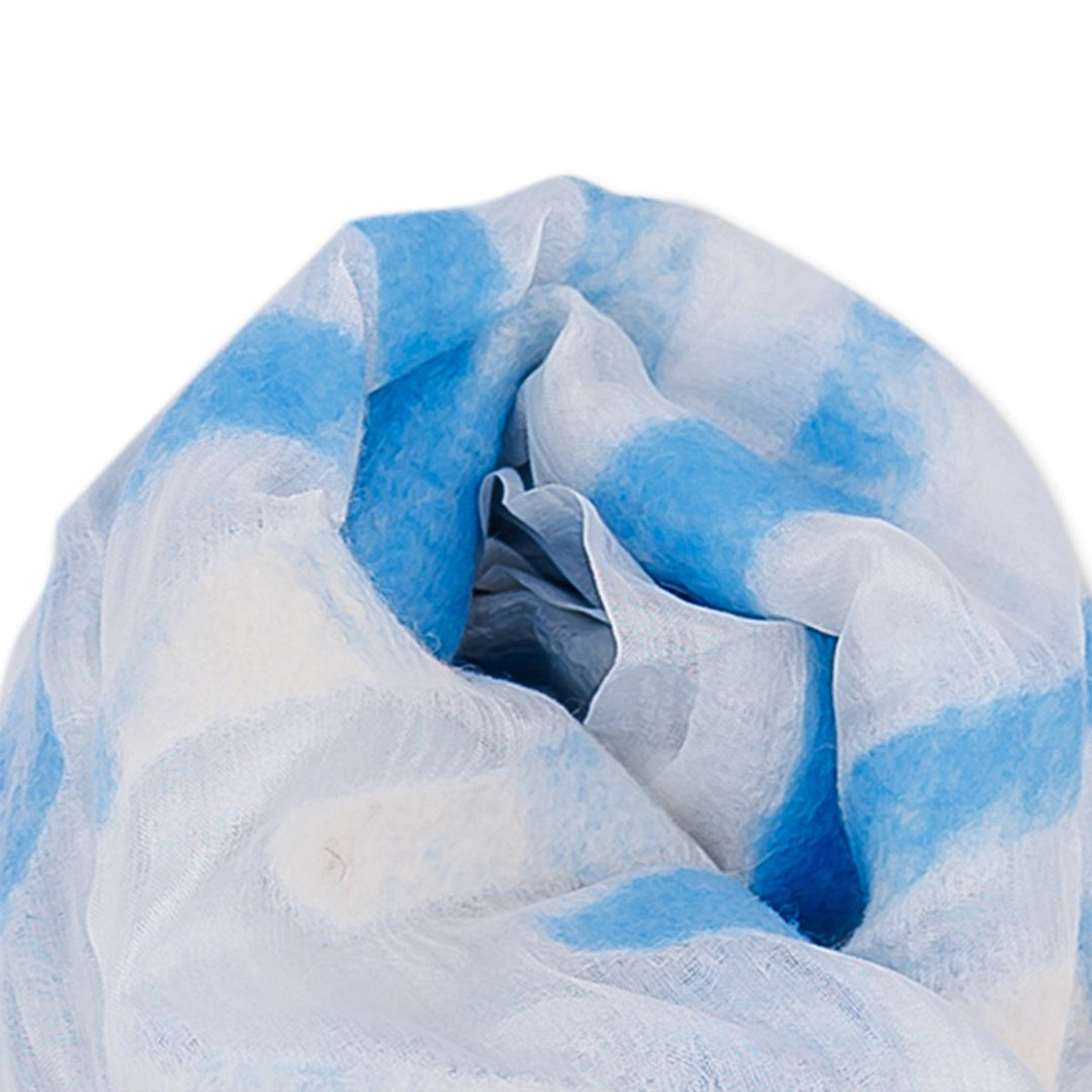 Abstract Soft White Silk Scarf with Blue Wool Felt Accents - From Heaven