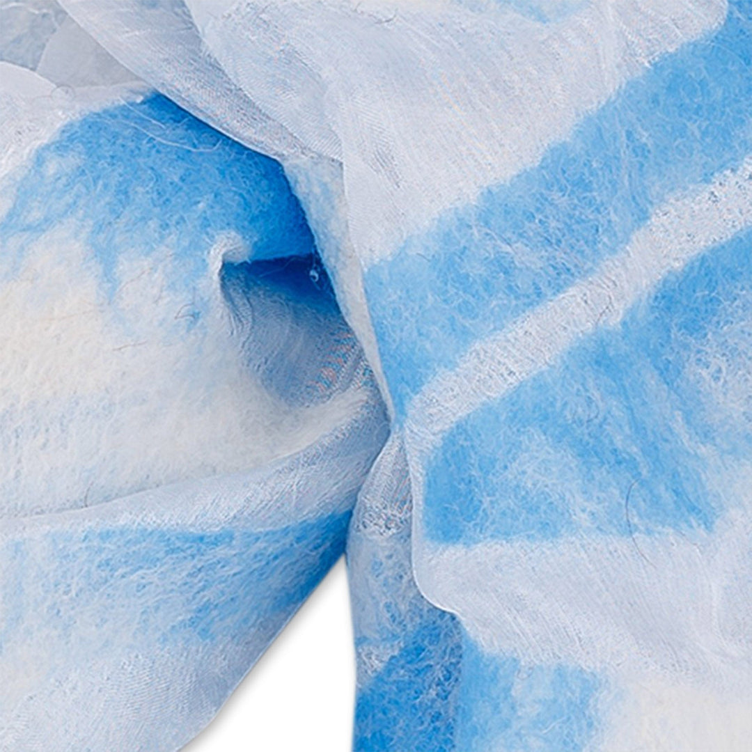 Abstract Soft White Silk Scarf with Blue Wool Felt Accents - From Heaven