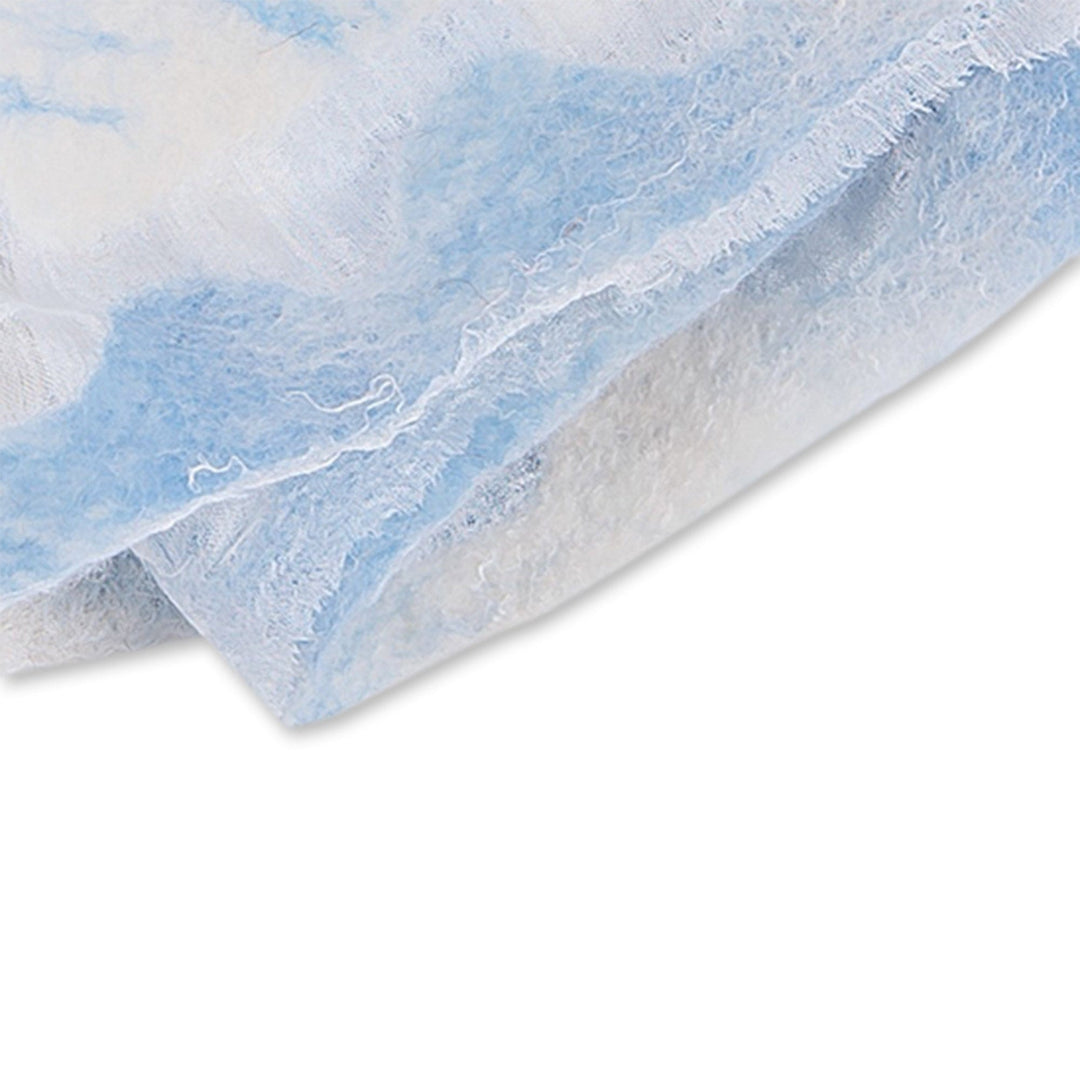 Abstract Soft White Silk Scarf with Blue Wool Felt Accents - From Heaven