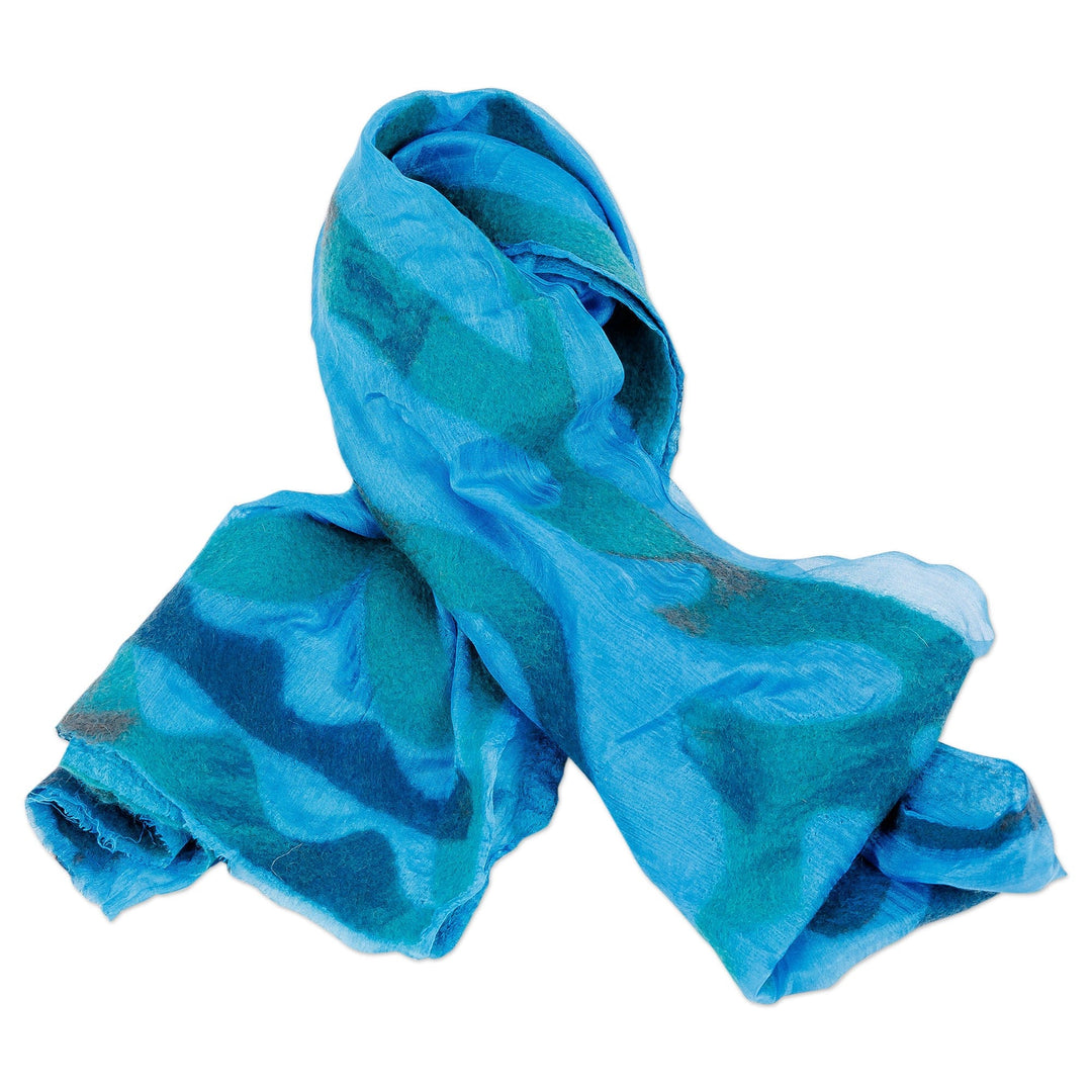 Abstract Soft Silk Scarf with Felt Accents in Blue Hues - From the Sea