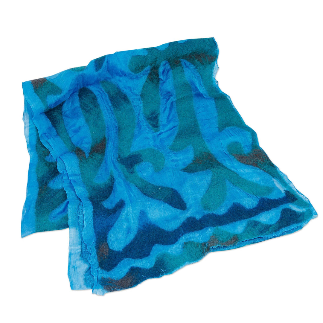 Abstract Soft Silk Scarf with Felt Accents in Blue Hues - From the Sea