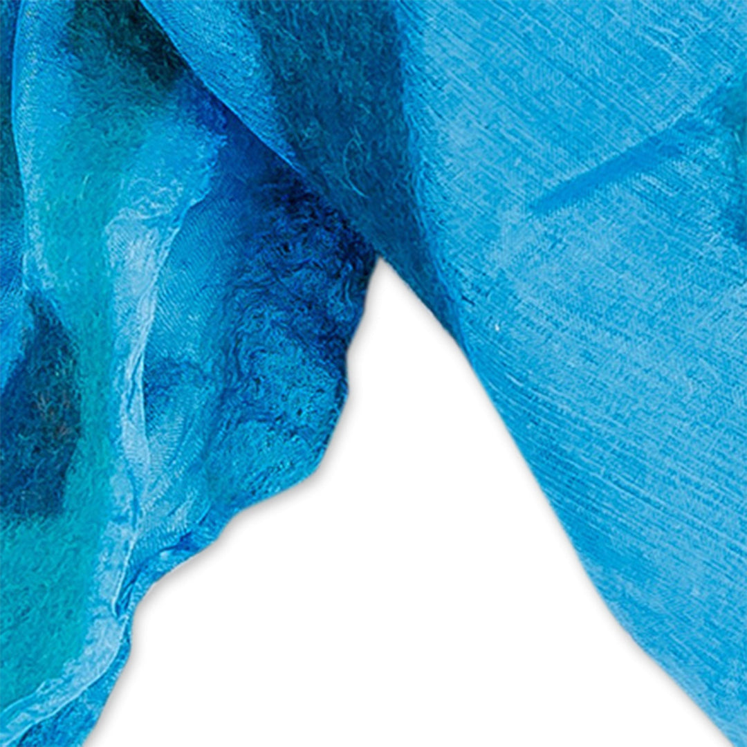 Abstract Soft Silk Scarf with Felt Accents in Blue Hues - From the Sea
