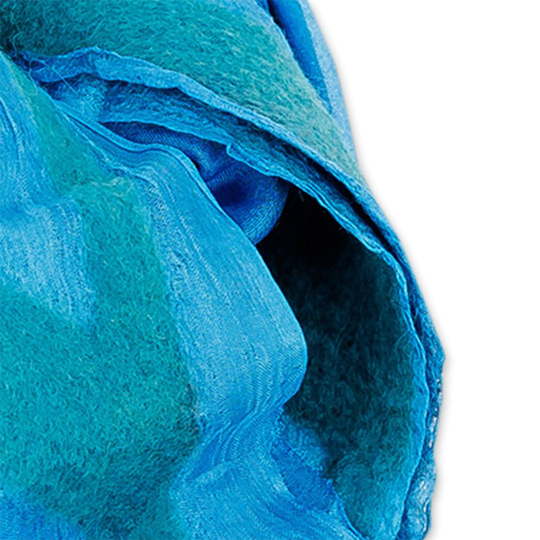 Abstract Soft Silk Scarf with Felt Accents in Blue Hues - From the Sea
