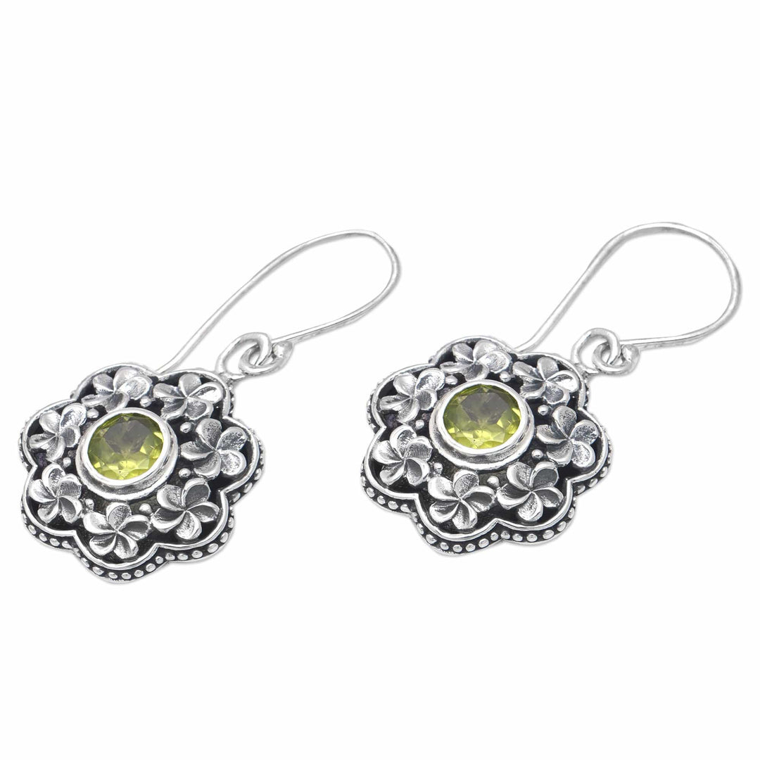 Floral Sterling Silver Dangle Earrings with Peridot Jewels - Offerings to Fortune
