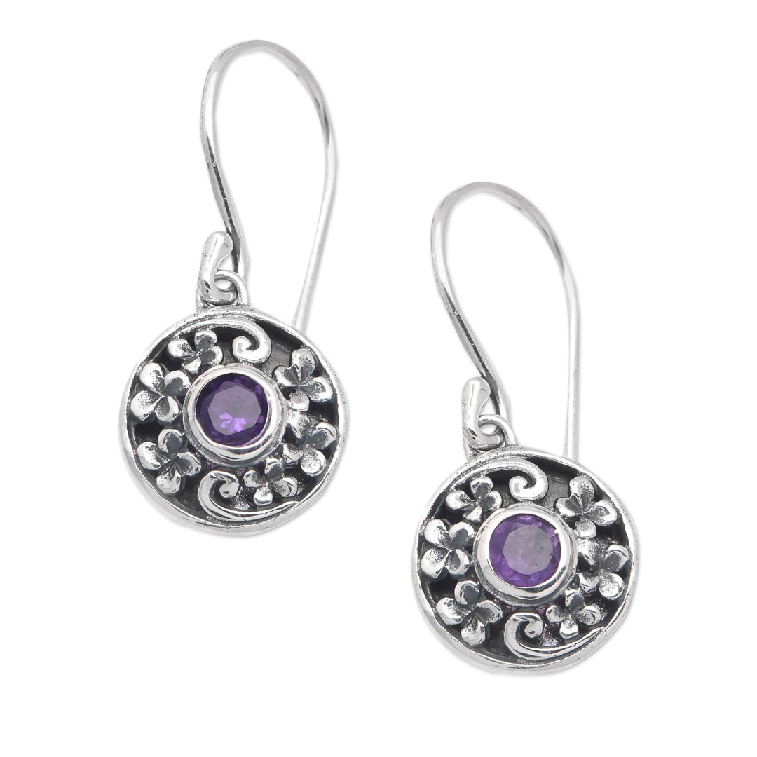 Floral Round Faceted Amethyst Dangle Earrings from Bali - Wisdom Fragrances