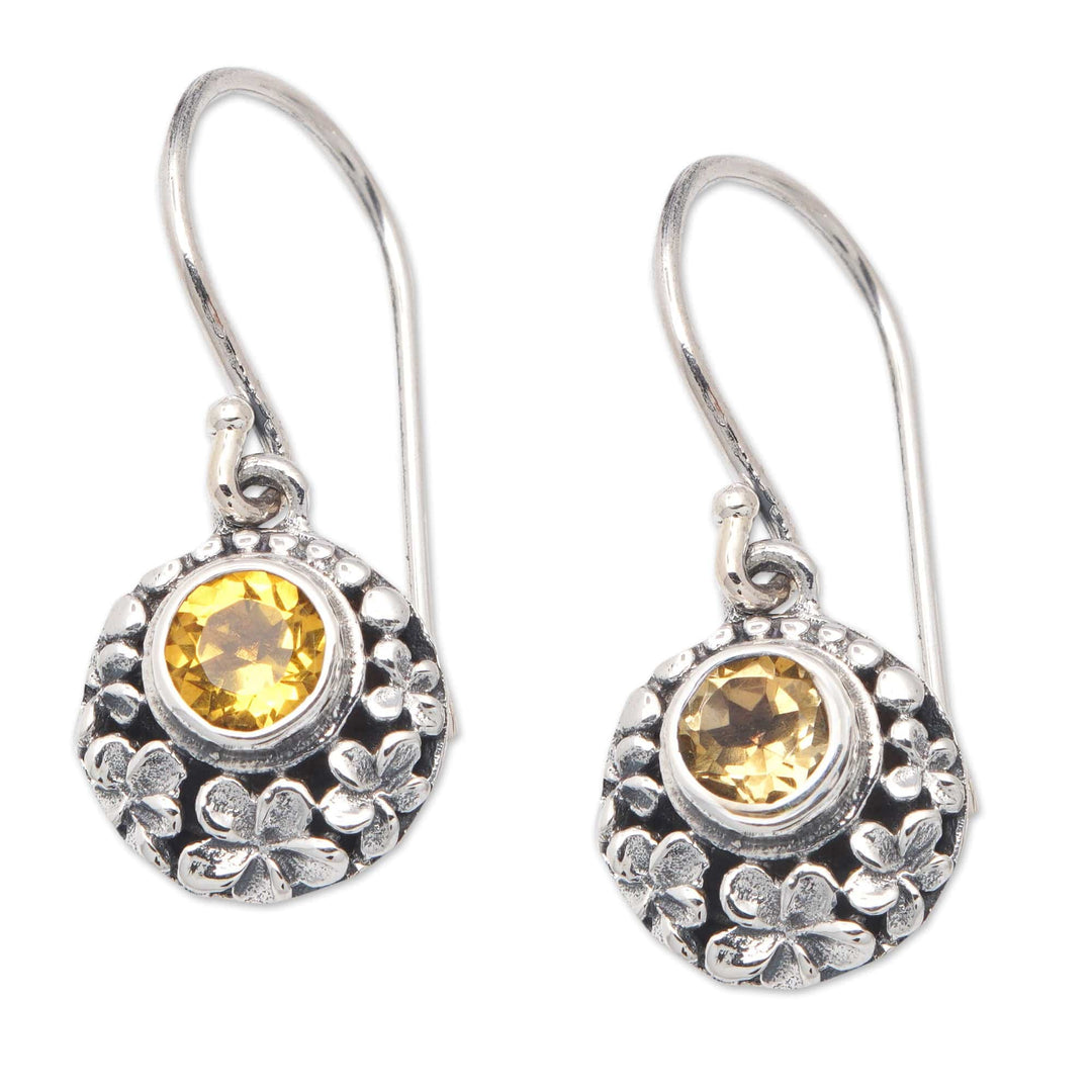 Classic Floral Dangle Earrings with Faceted Citrine Gems - Sunny Frangipani