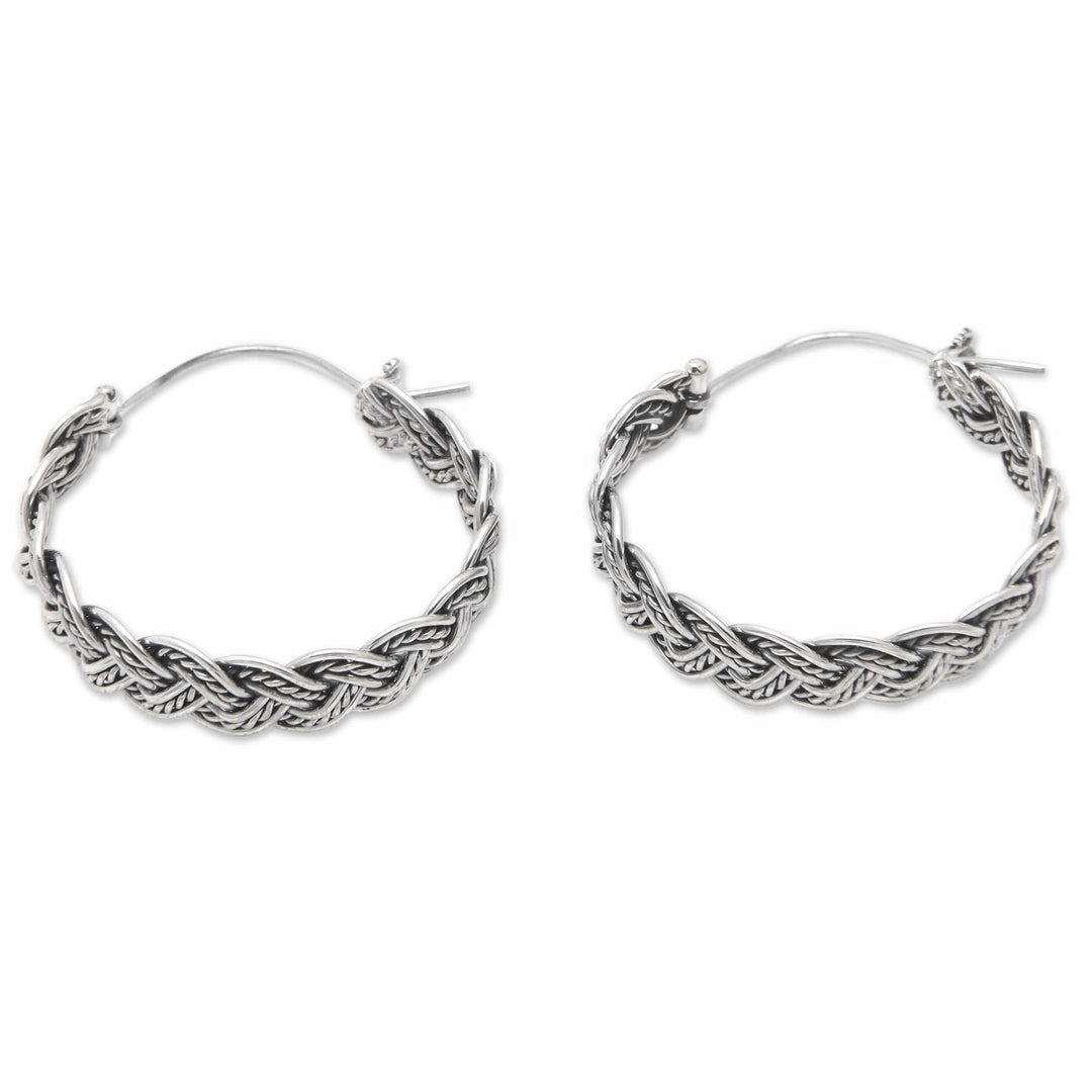 Balinese Sterling Silver Hoop Earrings with Braided Style - Braided Flair