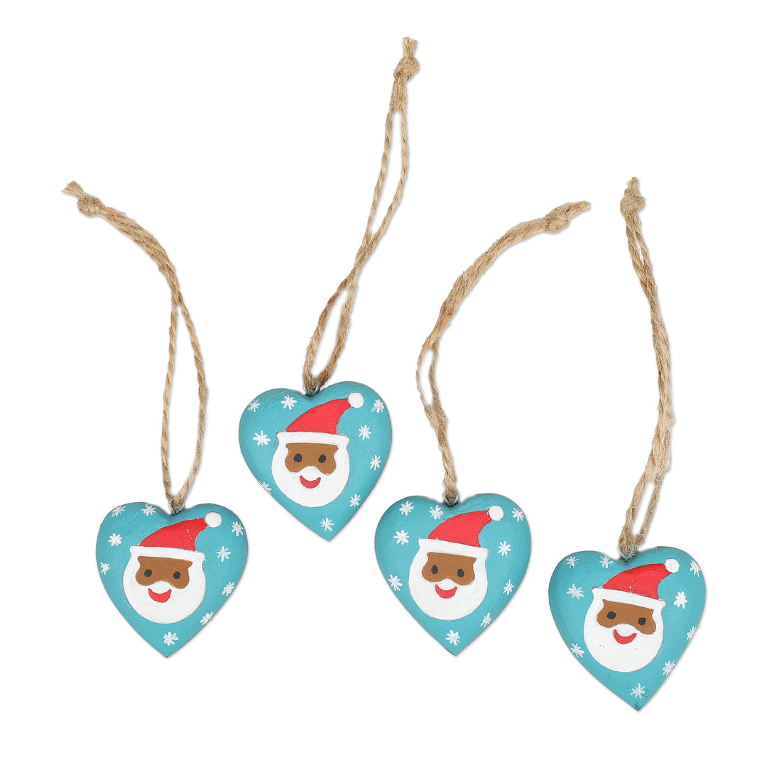 Set of 4 Heart-Shaped Blue Christmas Mahogany Wood Ornaments - A Christmas Heart