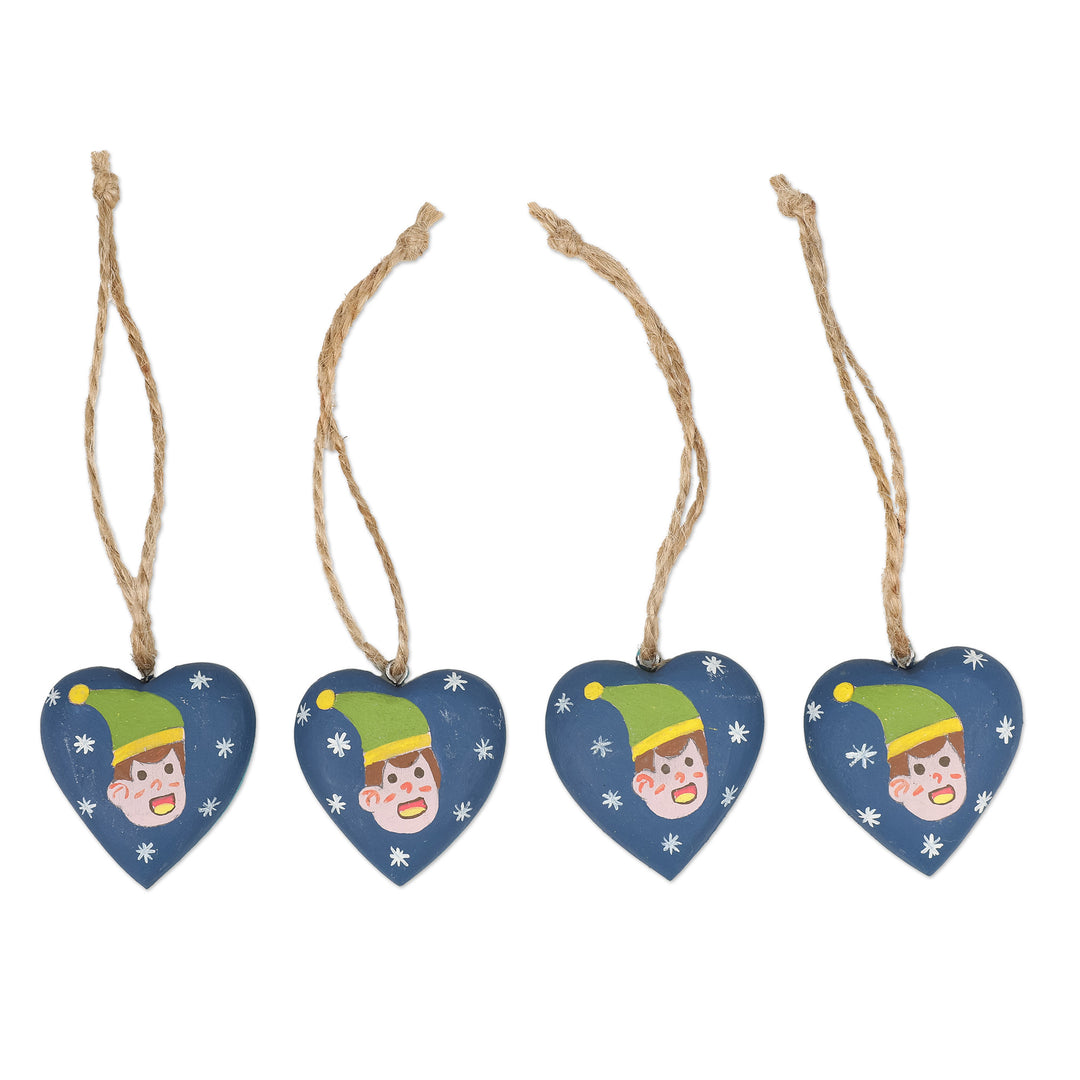 Set of 4 Heart-Shaped Blue Christmas Mahogany Wood Ornaments - A Christmas Heart