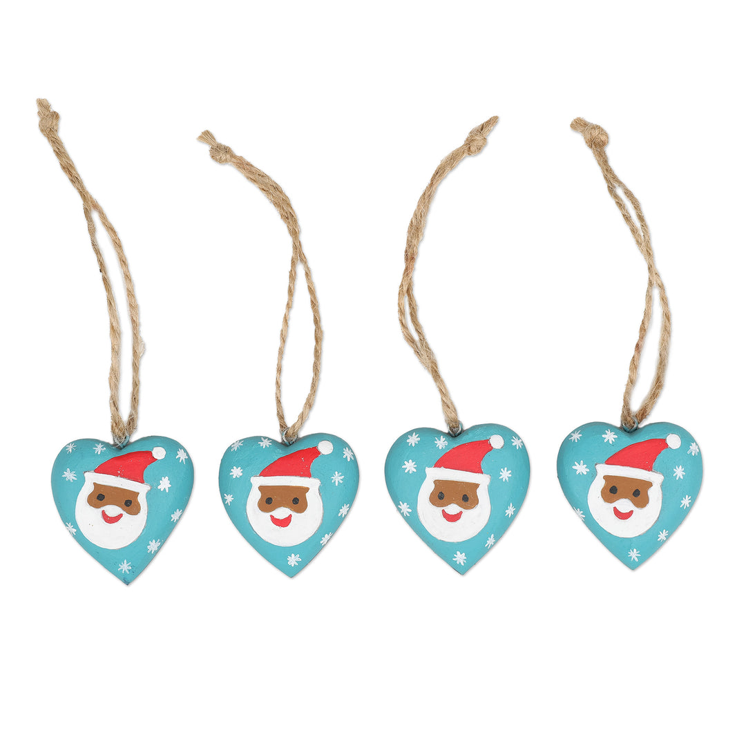 Set of 4 Heart-Shaped Blue Christmas Mahogany Wood Ornaments - A Christmas Heart