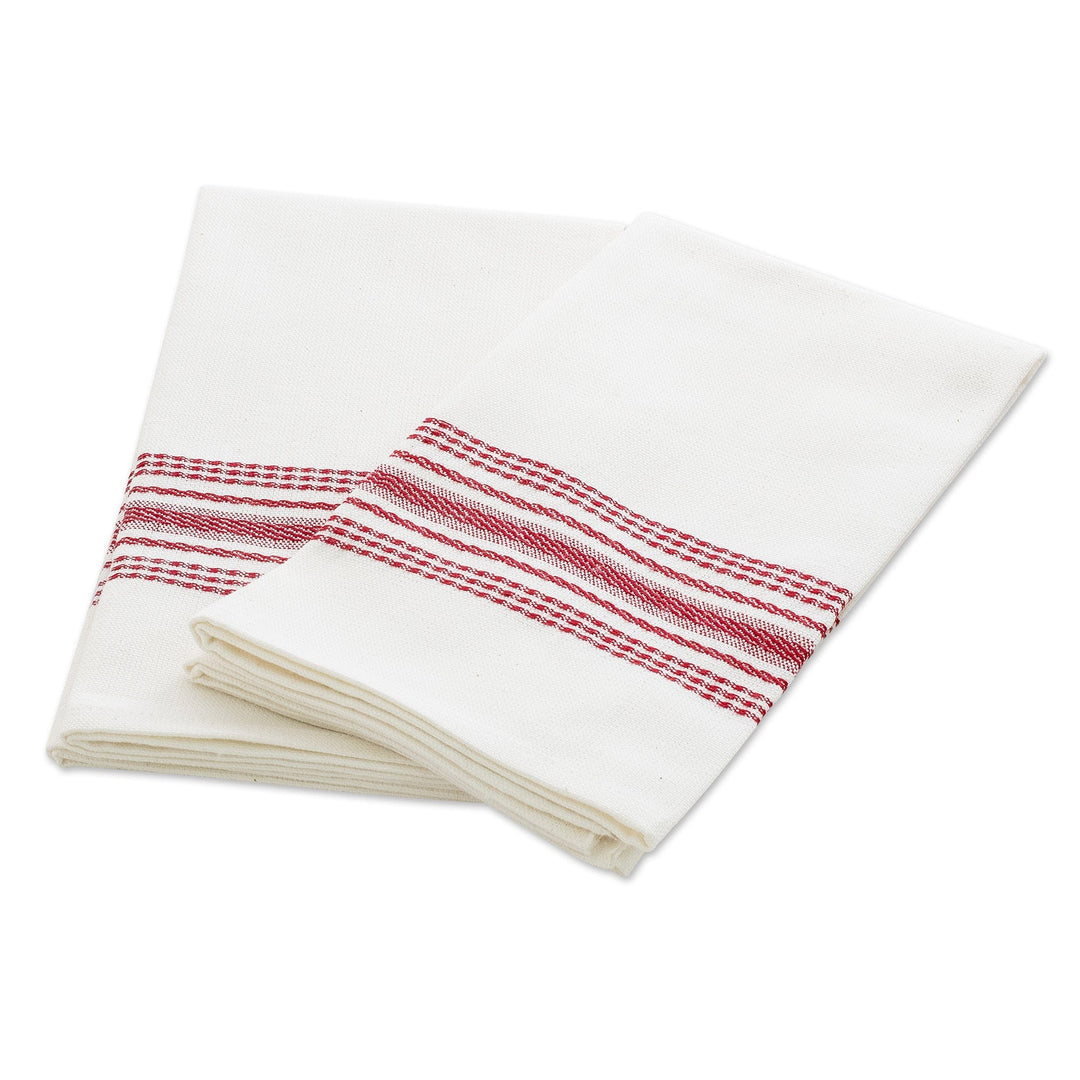 Striped 100% Cotton Napkins in Crimson and White Hues (Pair) - Seasonal Stripes