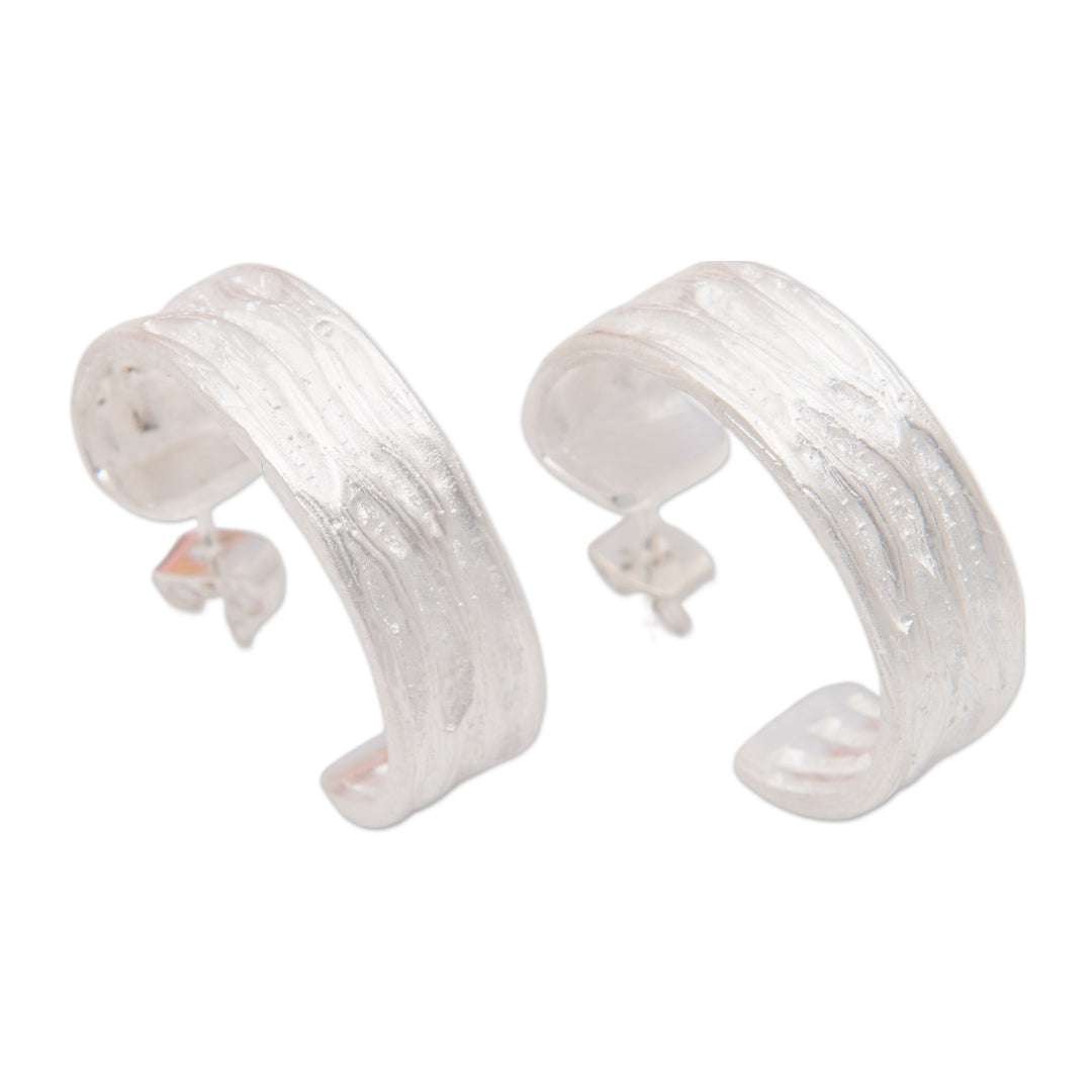 Textured Sterling Silver Half-Hoop Earrings from Bali - Forest Roots