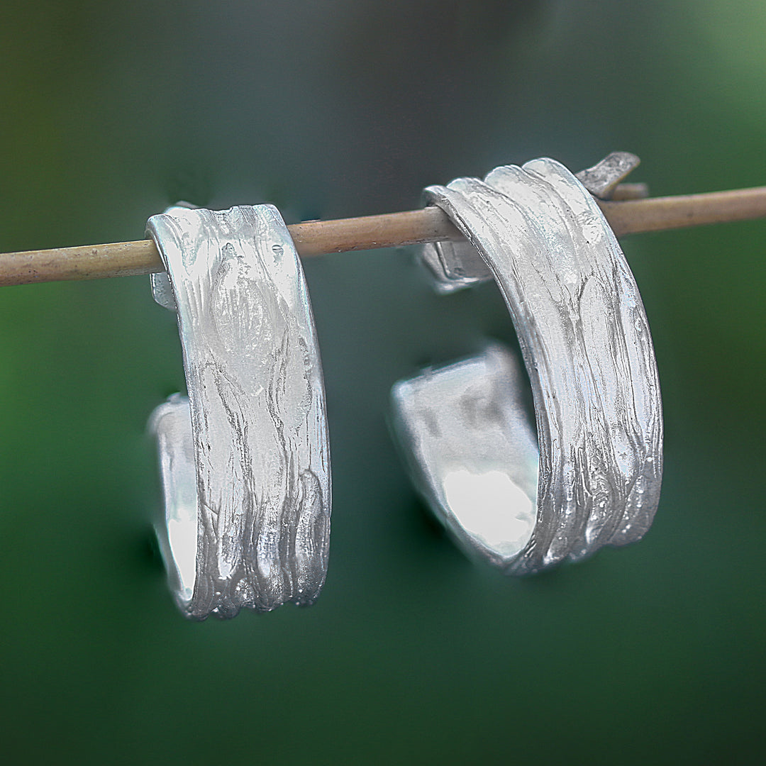 Textured Sterling Silver Half-Hoop Earrings from Bali - Forest Roots