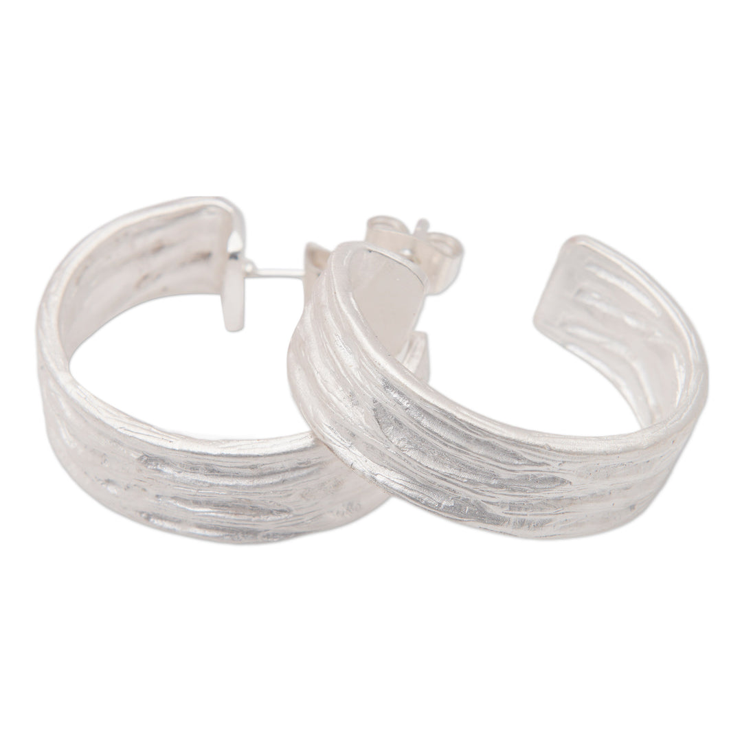 Textured Sterling Silver Half-Hoop Earrings from Bali - Forest Roots