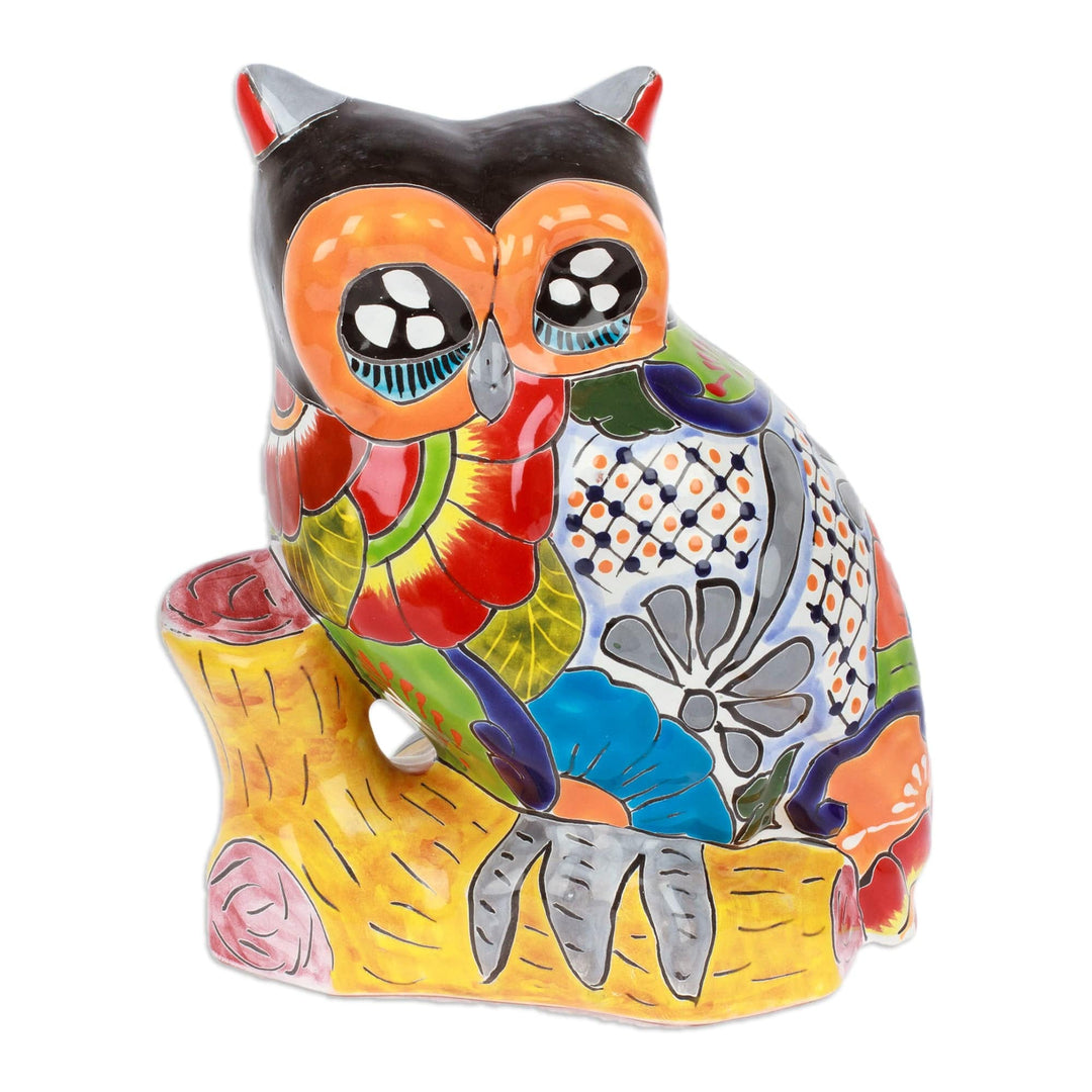 Owl-Themed Floral Painted Ceramic Sculpture from Mexico - Sunshine Sage