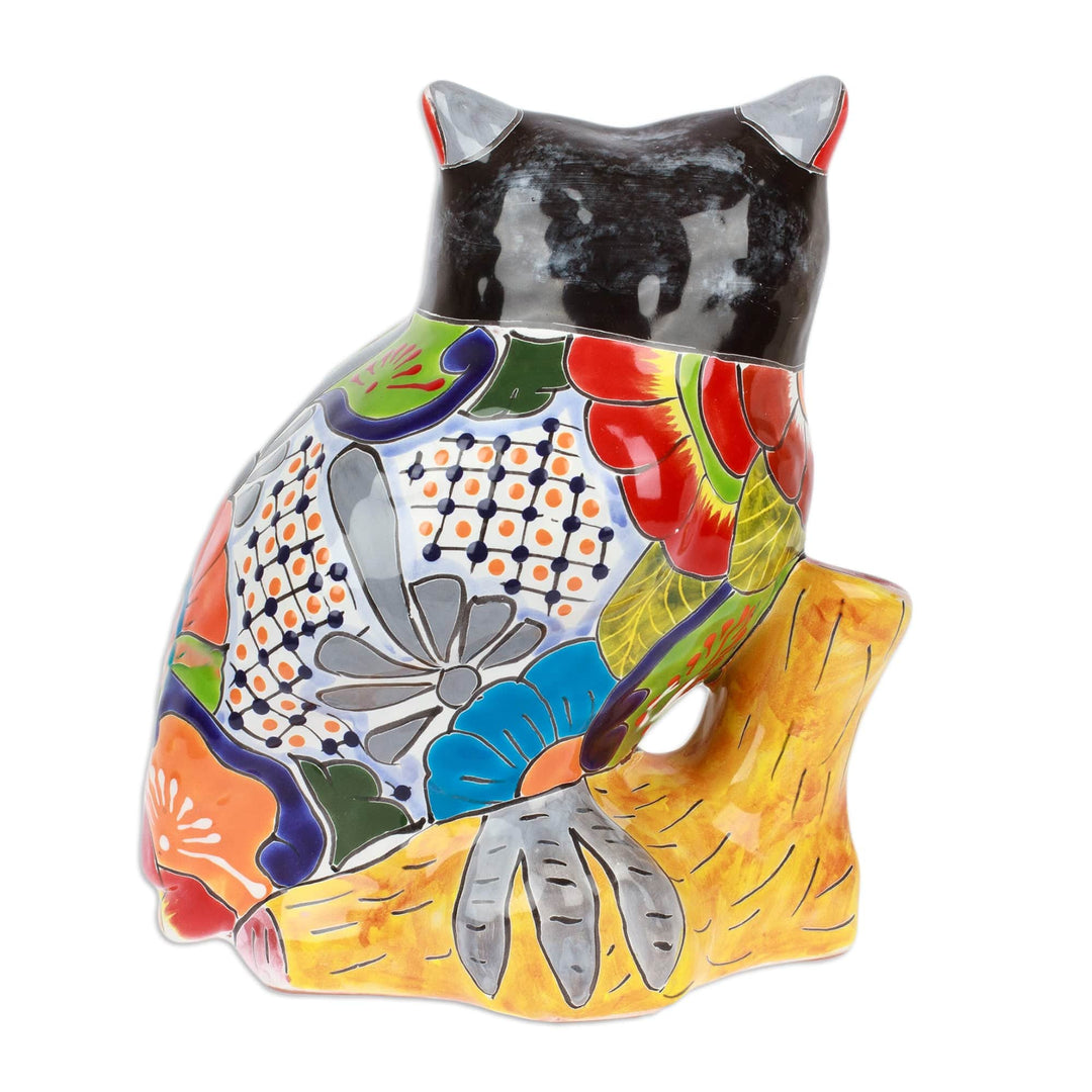 Owl-Themed Floral Painted Ceramic Sculpture from Mexico - Sunshine Sage