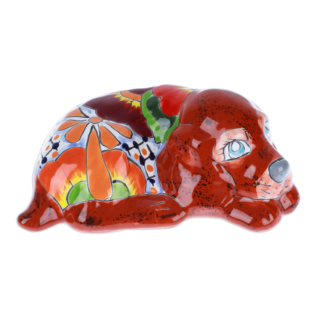 Dog-Themed Floral Painted Ceramic Sculpture in Brown - Loyal Eyes