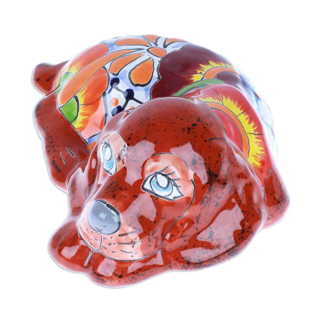 Dog-Themed Floral Painted Ceramic Sculpture in Brown - Loyal Eyes