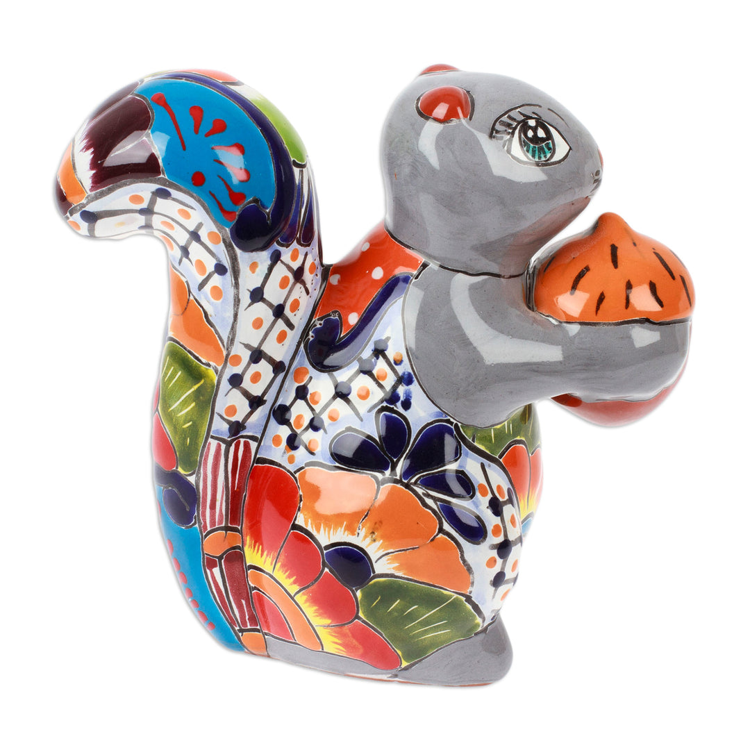 Squirrel-Themed Hacienda Painted Ceramic Sculpture in Grey - Sylvan Tradition