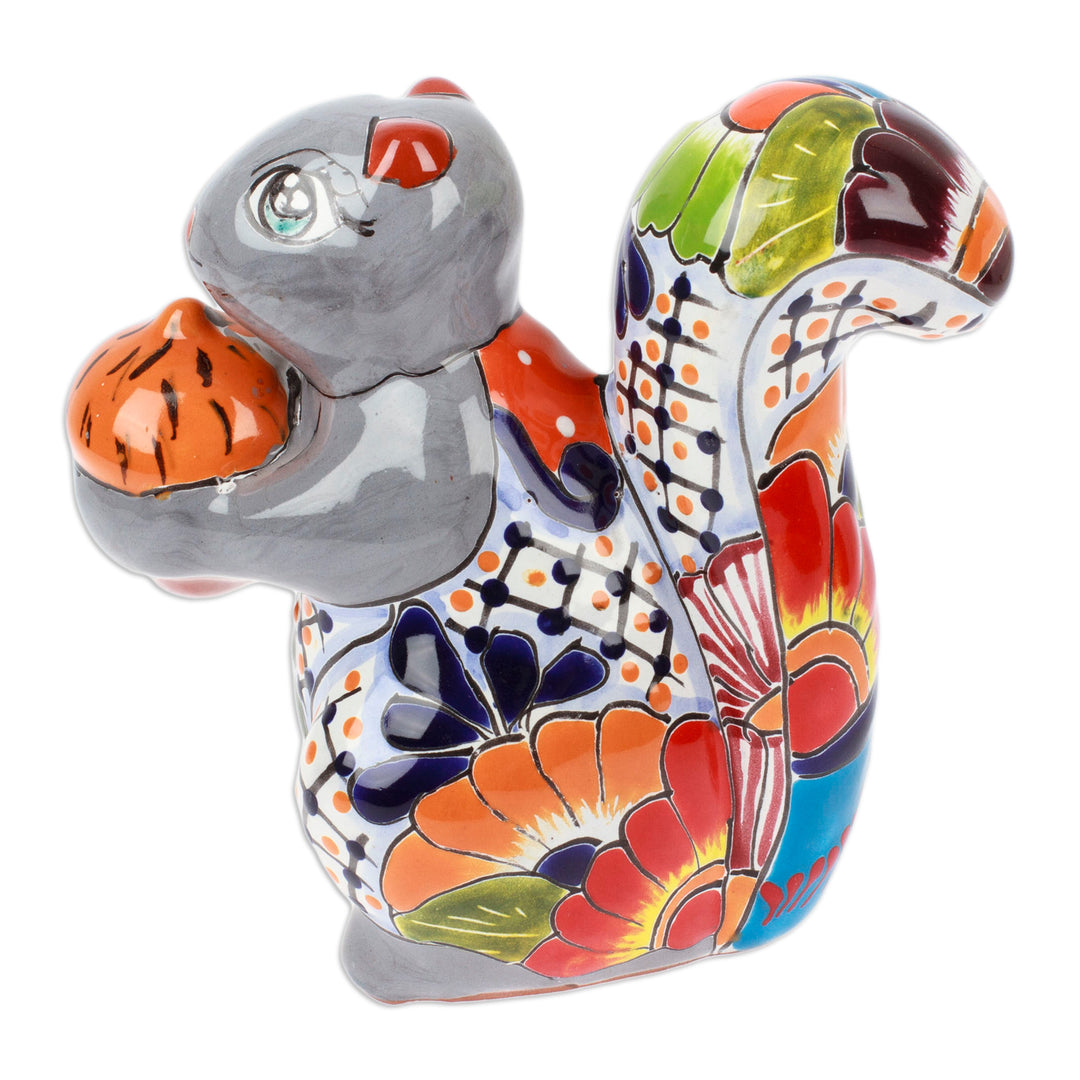 Squirrel-Themed Hacienda Painted Ceramic Sculpture in Grey - Sylvan Tradition