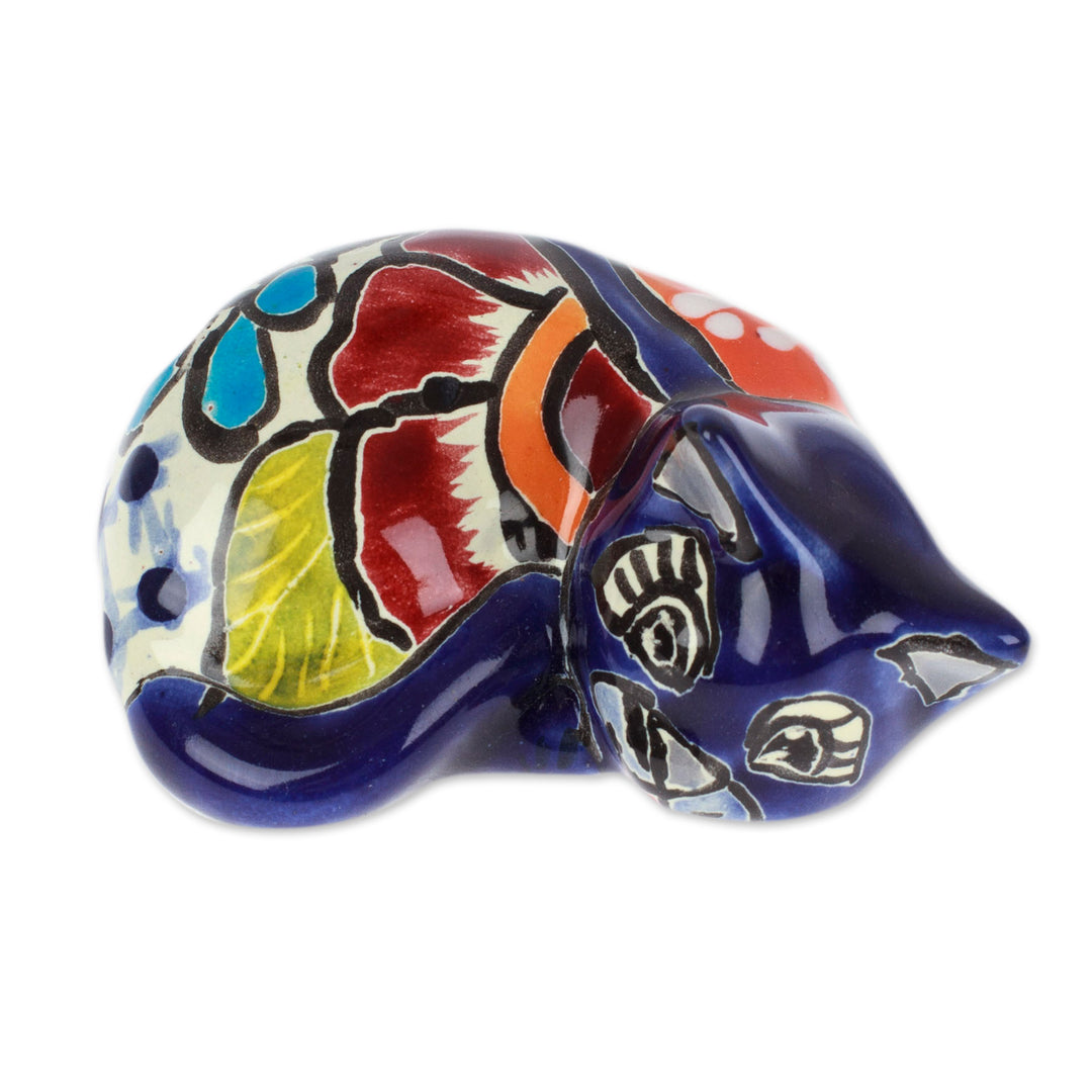 Hacienda-Themed Painted Blue Ceramic Cat Figurine - Dormant Feline
