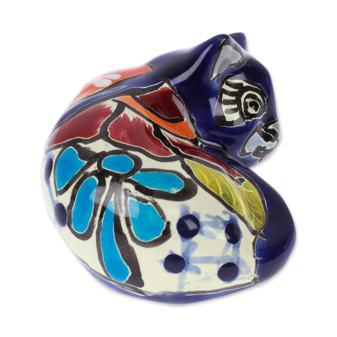Hacienda-Themed Painted Blue Ceramic Cat Figurine - Dormant Feline