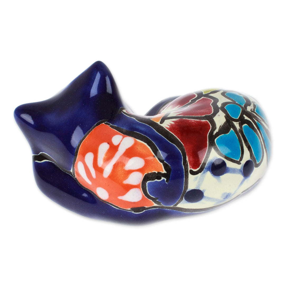 Hacienda-Themed Painted Blue Ceramic Cat Figurine - Dormant Feline