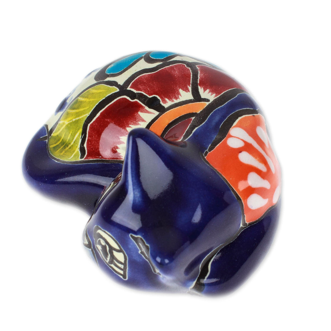 Hacienda-Themed Painted Blue Ceramic Cat Figurine - Dormant Feline