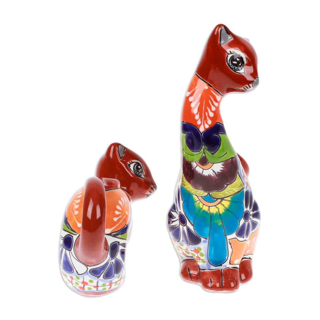 Set of 2 Handcrafted Hacienda-Themed Cat Ceramic Sculptures - Feline Play