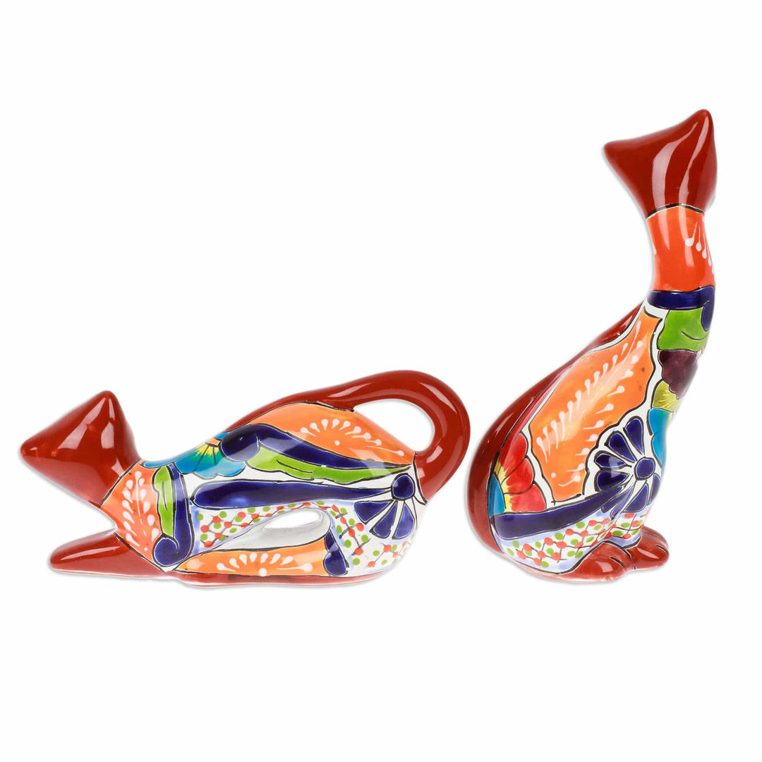 Set of 2 Handcrafted Hacienda-Themed Cat Ceramic Sculptures - Feline Play